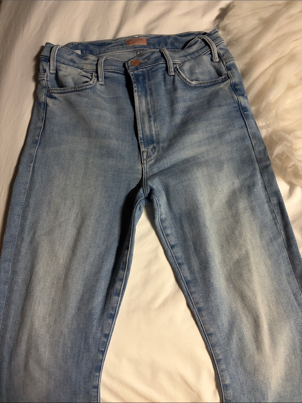MOTHER Light Wash Denim ankle fringe Jeans